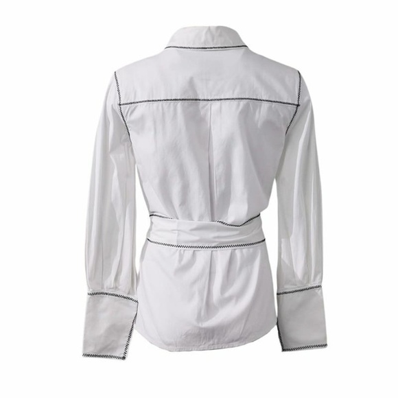 C/MEO NWT Long Sleeve Belted Button Up White Contemporary Business Blouse Top - Picture 2 of 9